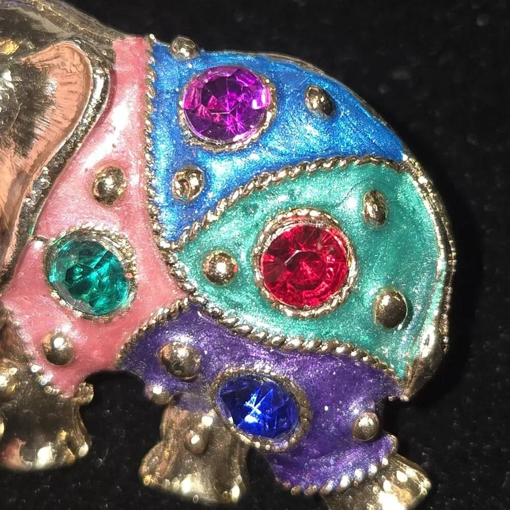 Unmarked VTG Multicolored Enamel & Rhinestone Gold Tone Trunk Up Elephant Brooch